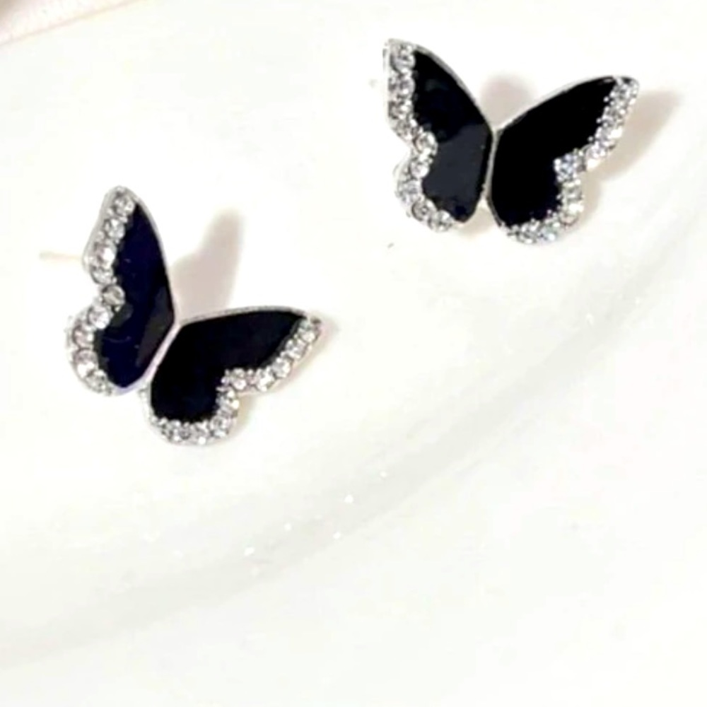 Black Cubic Zirconia Butterfly Stud Earrings, Black Butterfly Earrings